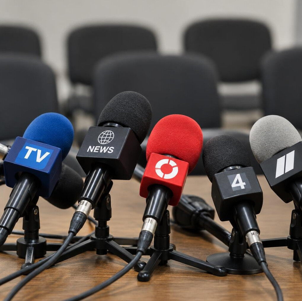 Press conference room with rows of microphones on a table
